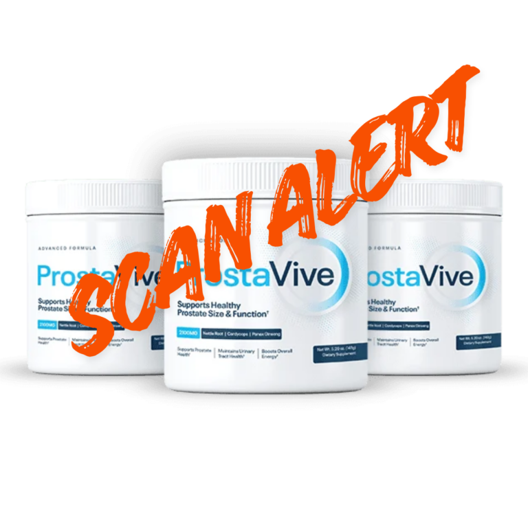 מוצר Prostavive עם אזהרת SCAN ALERT, המדגישה את החשיבות של רכישה רק מהאתר הרשמי