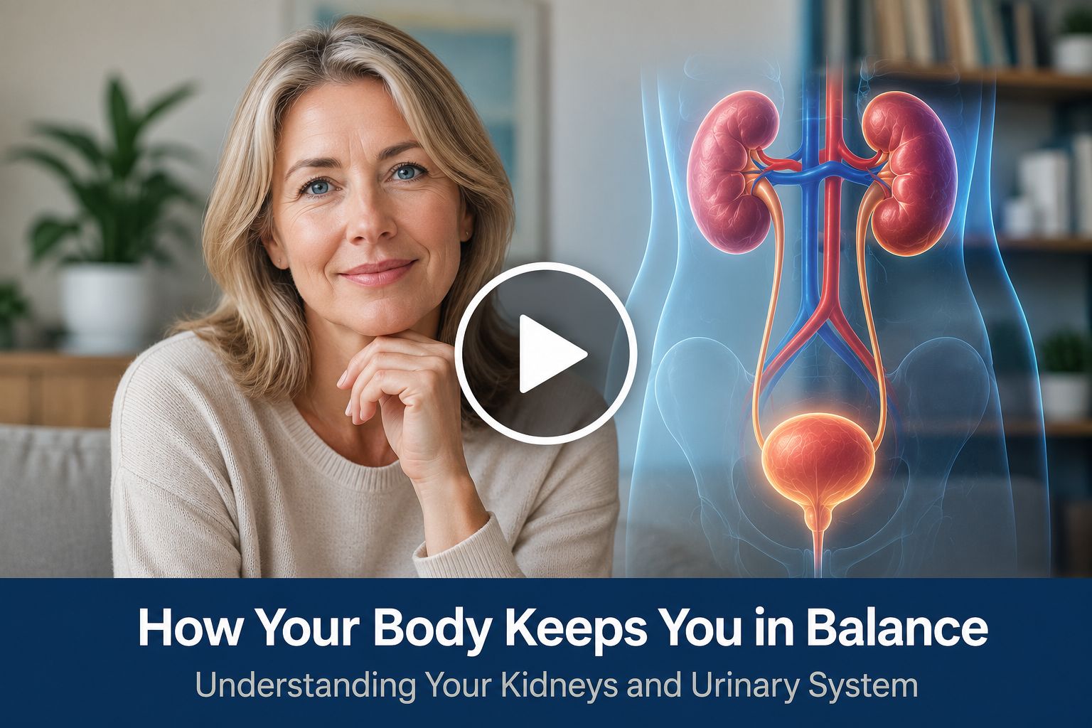 Smiling woman watching an educational video about kidney and urinary system health on a laptop.